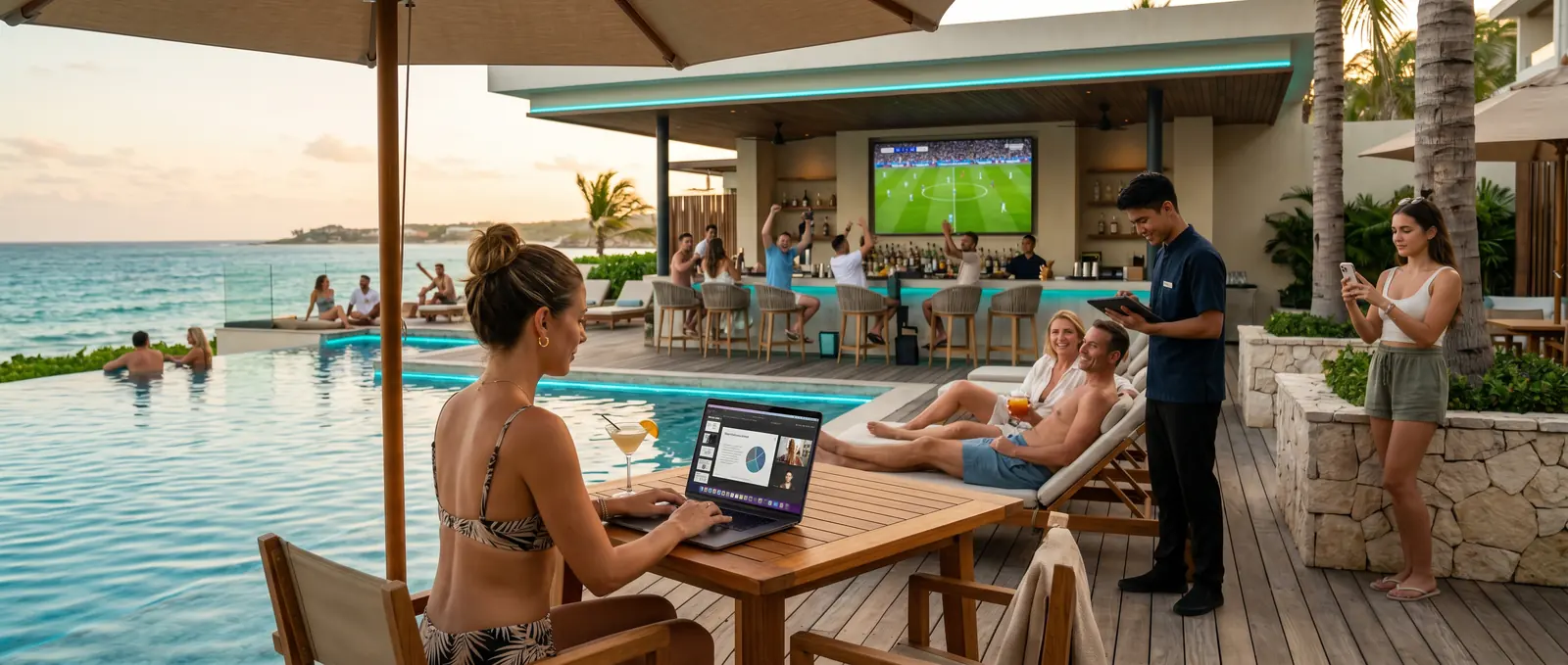Bar de la alberca de un hotel frente al mar: una huésped trabaja en su laptop mientras otros ven el futbol