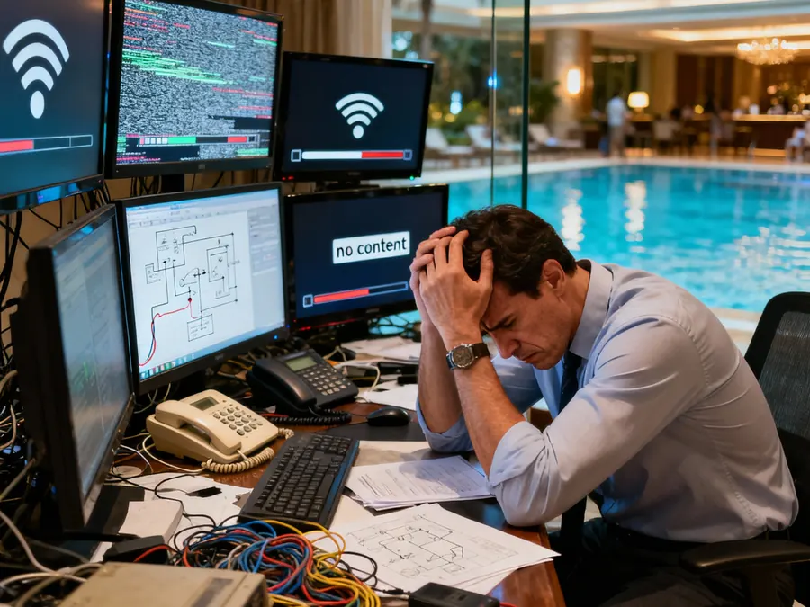 Gerente de sistemas de un hotel agobiado entre monitores, cables y equipos viejos