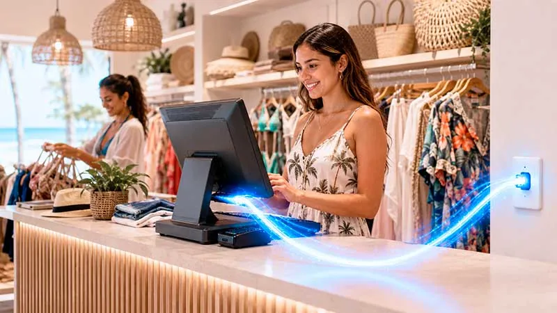 Dueña de una boutique cobrando en el mostrador, con la fibra de ABIX llegando a su local