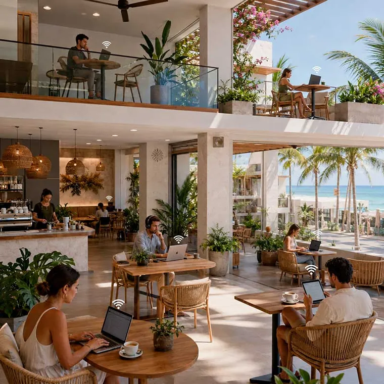 Cafetería frente al mar llena de clientes trabajando en sus laptops con el WiFi del lugar