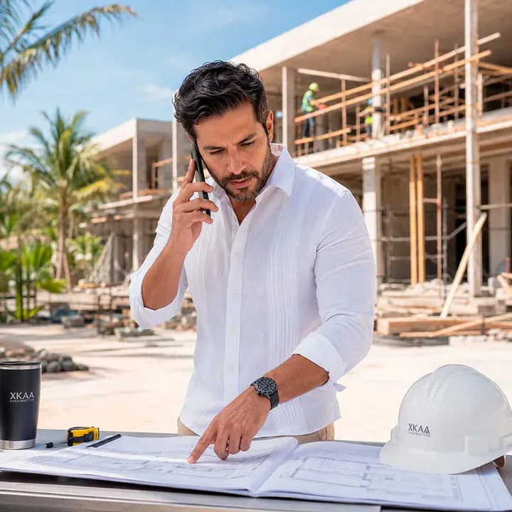 Ingeniero hablando por celular mientras revisa planos en una obra frente al mar
