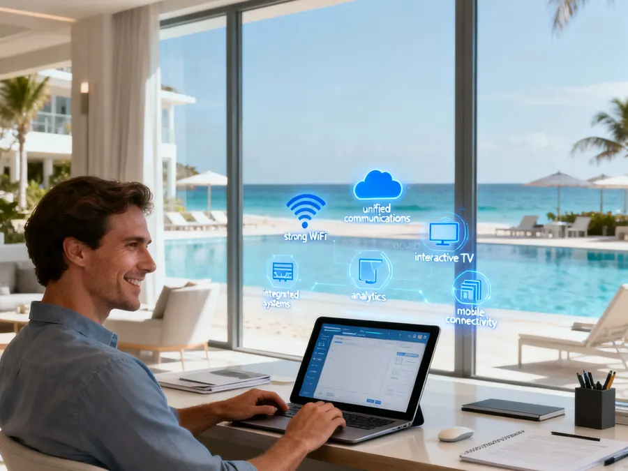El mismo gerente trabajando tranquilo frente a la alberca, con todo bajo control desde su laptop