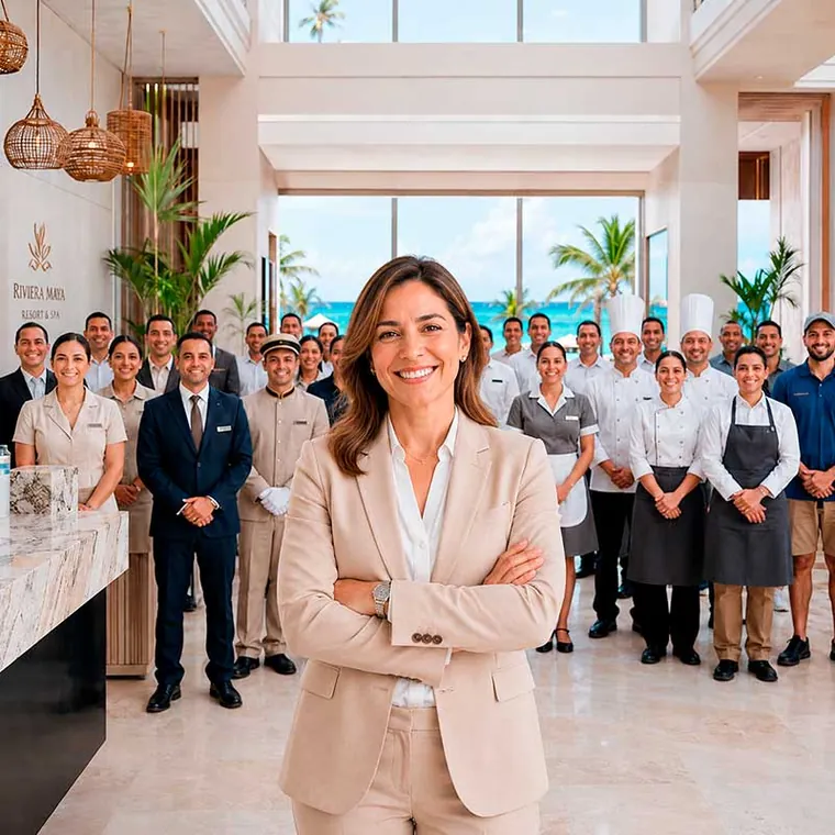 Gerente de un hotel frente a su equipo de recepción, cocina, mantenimiento y servicio en el lobby