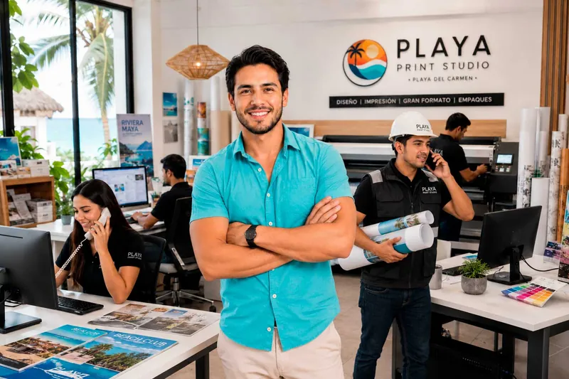 Equipo de una imprenta trabajando: uno al teléfono, otro en la computadora y otro con un pedido
