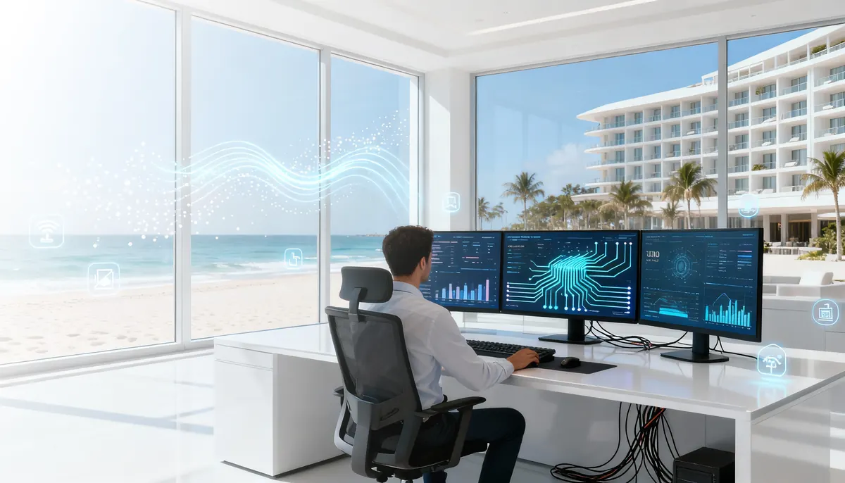 Ingeniero monitoreando la red de un hotel frente a la playa