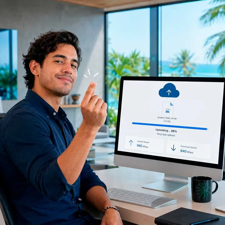 Hombre en su oficina frente a la playa, subiendo un archivo a la nube desde su computadora