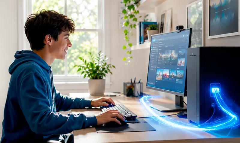Joven jugando en línea en su computadora