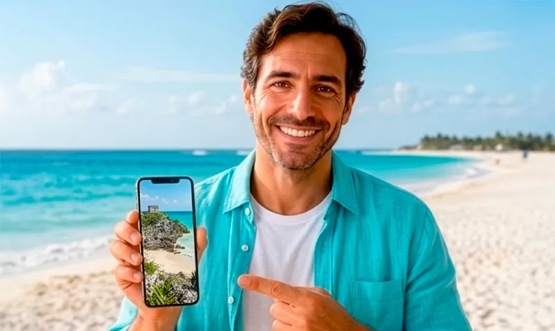 Hombre en una playa del Caribe mostrando su celular