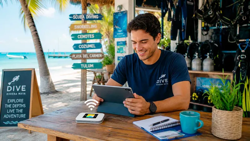 Instructor de buceo en su local de playa con su tableta conectada al ABIX To Go