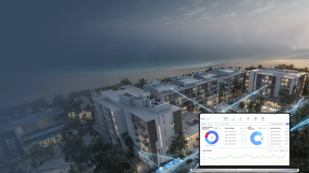 Resort frente al mar con el tablero de su red WiFi administrada